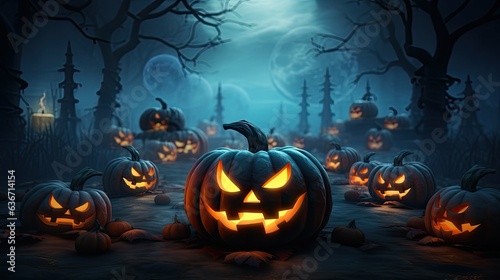 Halloween pumpkins walking on a dark path. Generative AI