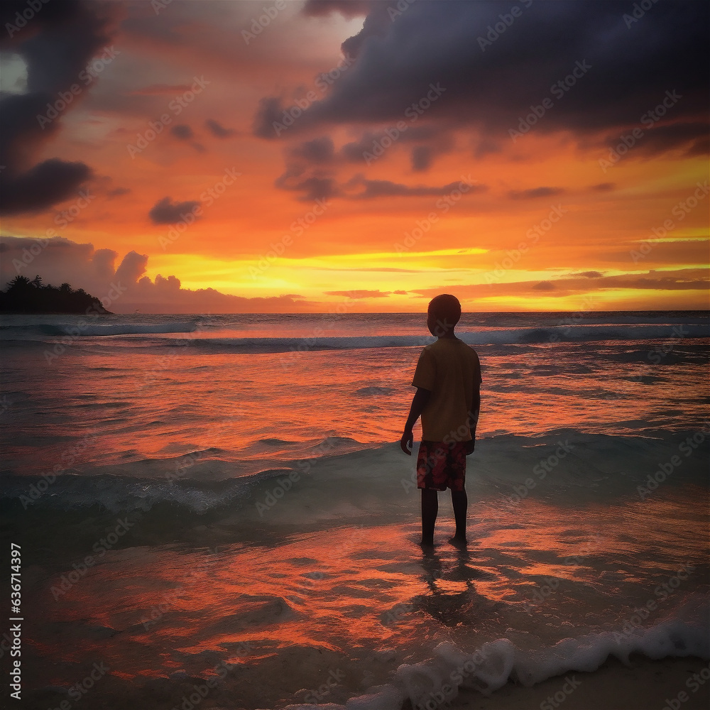 Close up black kid standing by the sea at sunset