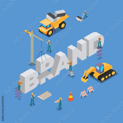 construction site vehicles building BRAND word isometric 3d vector concept for banner, website, illustration, landing page, etc