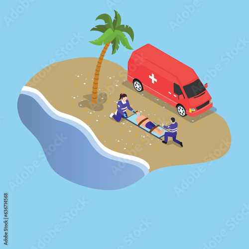 Ambulance service on the seaside isometric 3d vector concept for banner, website, illustration, landing page, etc