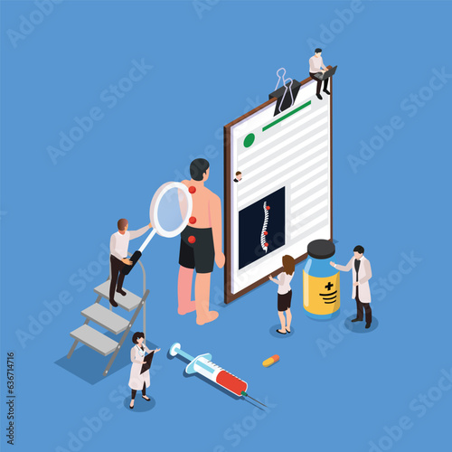 Doctor Examining Patient Spine - chronic back pain isometric 3d vector concept for banner, website, illustration, landing page, etc