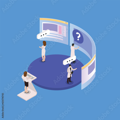 Scientific researchers working in a VR lab isometric 3d vector concept for banner, website, illustration, landing page, etc