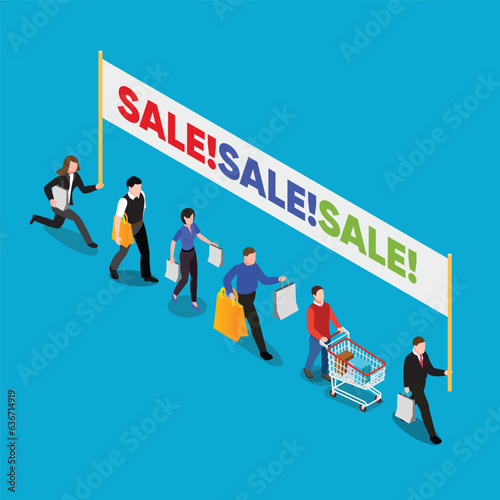 mega sale banner, scene with a crowd, women and men with shopping bags and sale banner isometric 3d vector concept for banner, website, illustration, landing page, flyer, etc