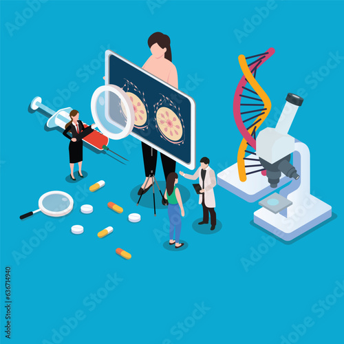 Breast ultrasound and mammography, diagnostic of oncology - patient consulting doctor isometric 3d vector concept for banner, website, illustration, landing page, flyer, etc