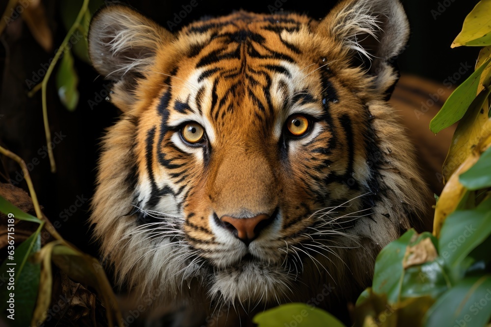 Fototapeta premium A tiger leaps gracefully from tree to tree, hunting its prey.