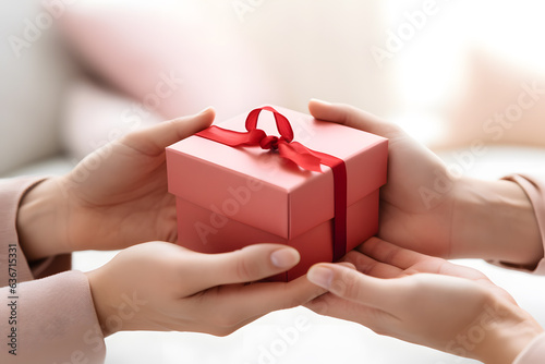 Close up of a couple holding hands and exchanging gift box © AGSTRONAUT