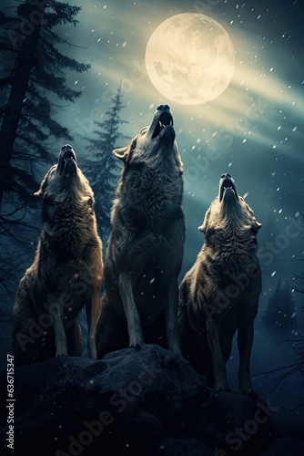 Wolves howl in unison under the full moon.