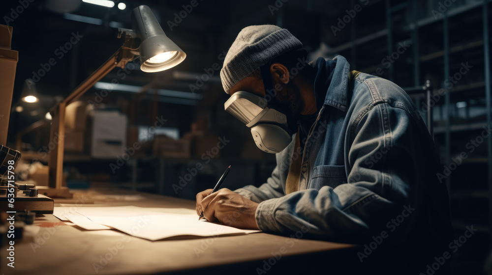 Fototapeta premium male worker wearing mask writing notes.
