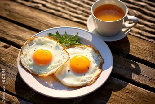 two eggs on a plate next to a cup of coffee, created by Generative AI