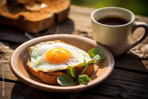 A plate of toast with an egg on it and a cup of coffee, created by Generative AI