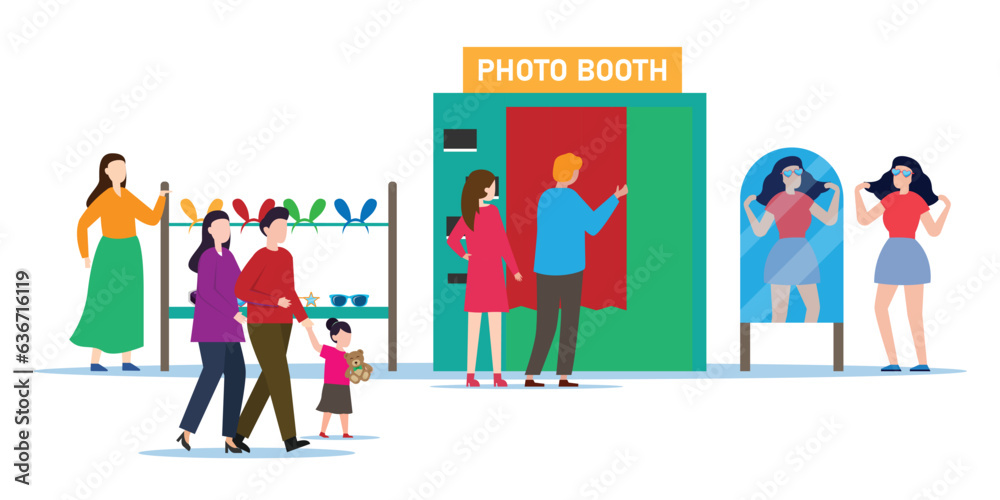 Fototapeta premium Couple, family going into photobooth 2d vector illustration concept for banner, website, landing page, flyer, etc