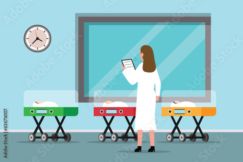 Female doctor standing next to newborn babies in incubator 2d vector illustration concept for banner, website, landing page, flyer, etc
