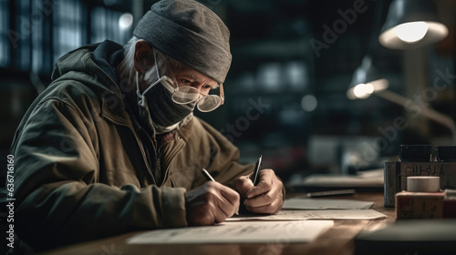 male worker wearing mask writing notes.