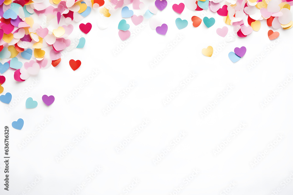 Flat lay of heart shaped confetti and colorful streamers - obrazy, fototapety, plakaty 