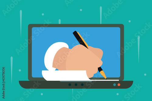 Content writer, blogger or bullet journal, publishing editor or writing article online, copywriter for advertising 2d vector illustration concept for banner, website, landing page, flyer, etc