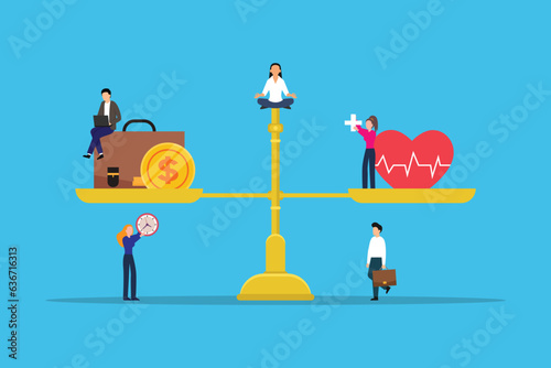 Money and health balance - work and play 2d vector illustration concept for banner, website, landing page, flyer, etc