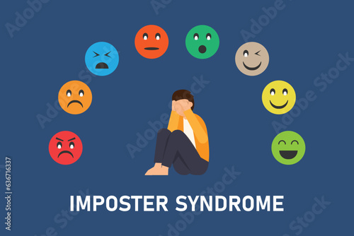 Psychology, false behavior or deceiver - Imposter syndrome, masks with angry, happy and sad expressions