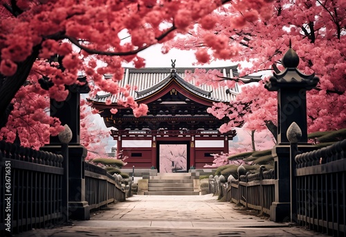 Beautiful red cherry blossom in chinese temple, asia
