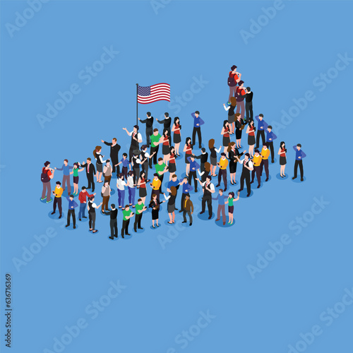 Large group of people in form of America map isometric 3d vector concept for banner, website, illustration, landing page, flyer, etc