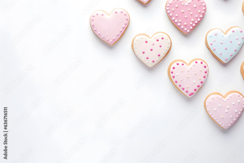 Flat lay of heart shaped cookies with icing decorations