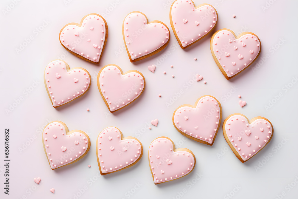 Flat lay of heart shaped cookies with icing decorations - obrazy, fototapety, plakaty 