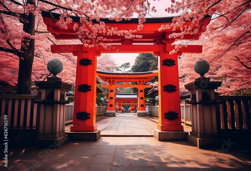 Red gate of Hase-dera Temple with cherry blossoms in full bloom