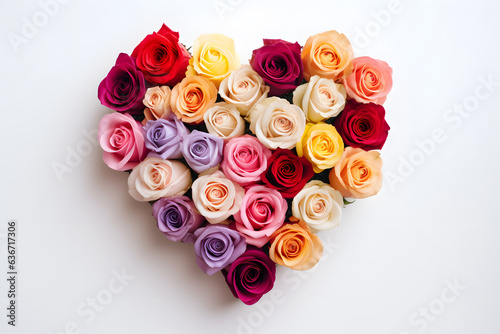 Flat lay of heart shaped roses in various colors