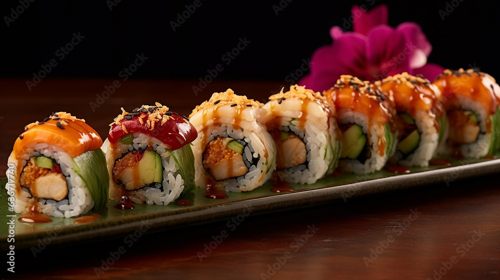 Sushi roll with salmon, avocado, cucumber and sesame seeds Sushi roll with salmon, avocado, cucumber and sesame seeds