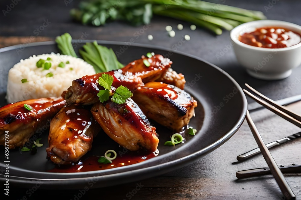 Fried chicken wings with barbecue sauce and rice on artificial intelligence neutral background