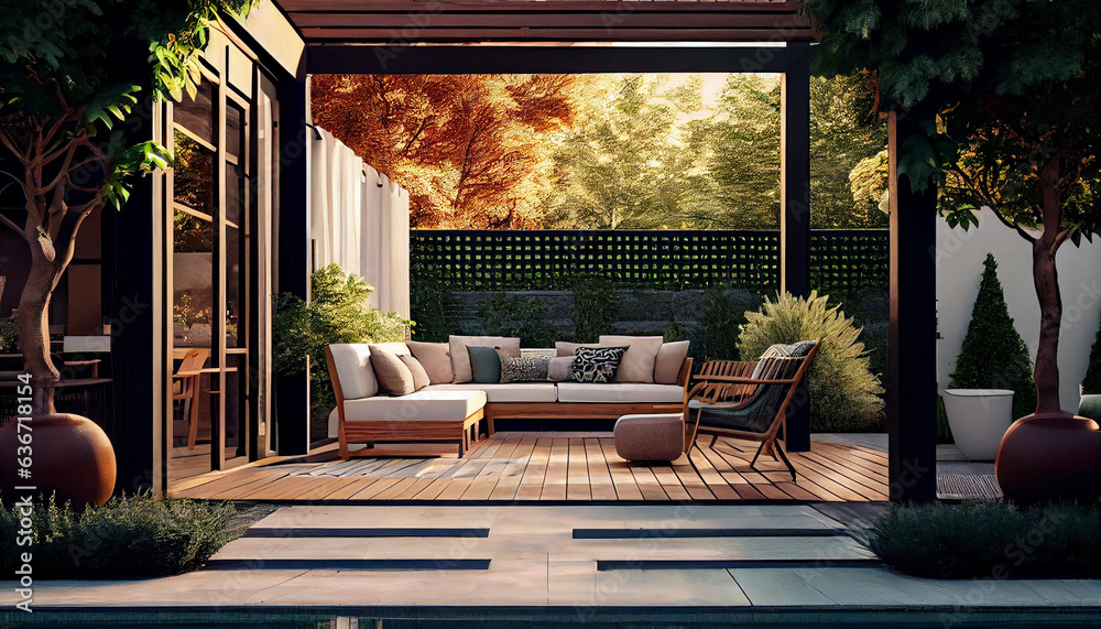 Interior design of a lavish side outside garden at morning, with a teak hardwood deck and a black pergola. Scene in the evening with couches and lounge chairs by the pool Ai generated image