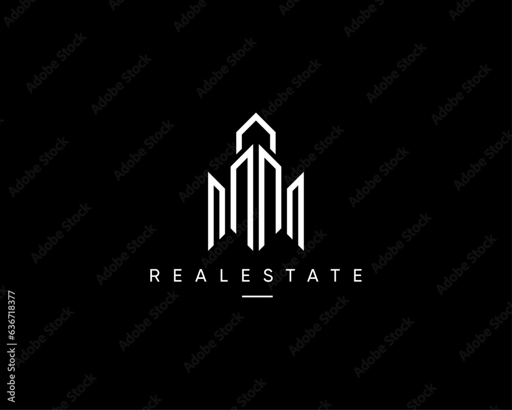Real estate logo. Architecture, construction, property, city building, cityscape, skyscraper, residence, apartment, structure and planning vector design symbol.