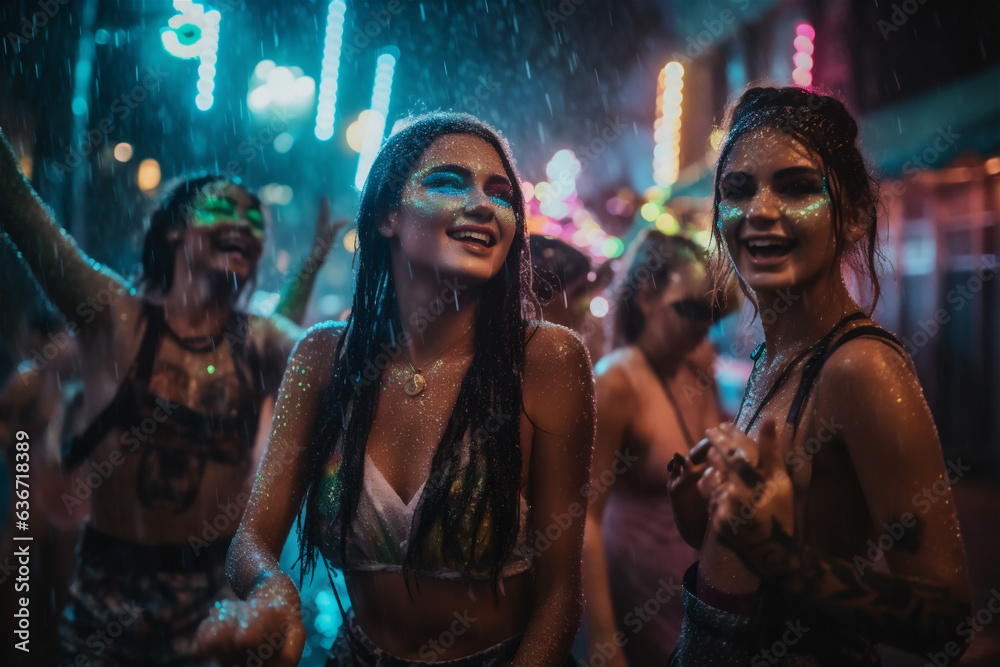 Close up of women playing and dancing at party in the rain