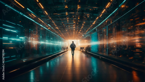 Businessman walking in interior with abstract luminous triangle corridor. Innovation and modern concept