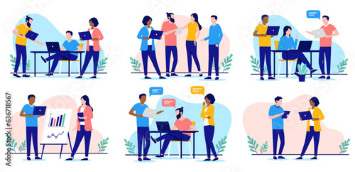 Office people teamwork - Collection of illustrations with businesspeople working with computers in team, talking and discussing. Flat design vector with white background