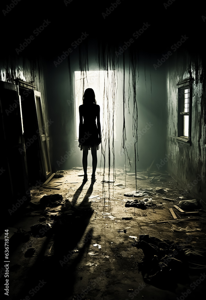 Lonely Girl stands in dark room, in-front of door light, dramatic light, horror movie poster