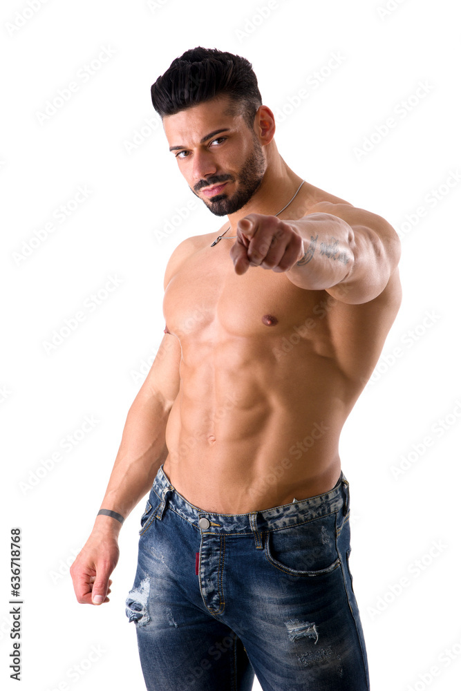 Fototapeta premium Photo of a confident shirtless man pointing at the camera