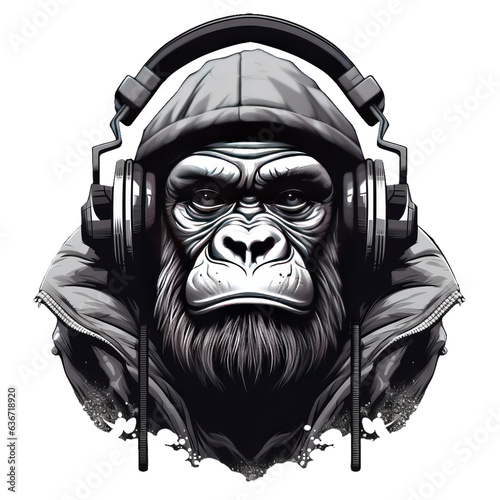 gorilla wearing headphones photo