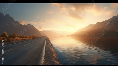 Mountain road at beautiful sunset in Lofoten Islands, Norway. Generative AI photo
