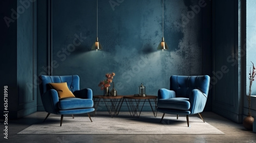 loft and vintage interior Blue wall and background room, armchair and pillow, lamp. Generative AI