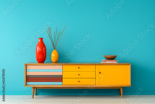 Colorful interior living room sideboard on empty wall modern contemporary design
