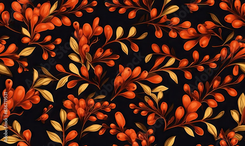 Seamless pattern with ashberry and leaf. Autumn season wallpaper. For banner, postcard, book illustration. Created with generative AI tools