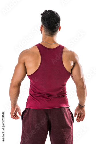 Photo of a man wearing a red tank top and maroon shorts