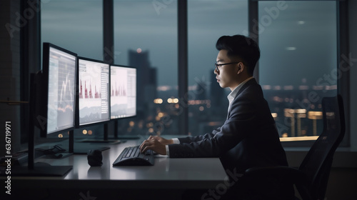  Asian man working on stock trading at work desk with multiple screens, evening