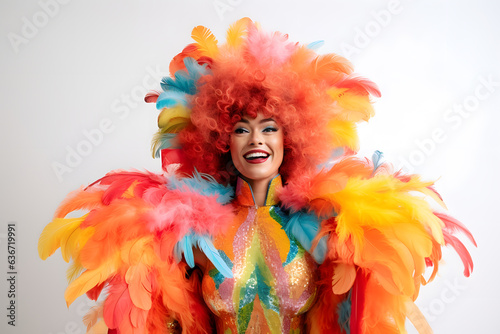 A cheerful portrait of a person in a flamboyant carnival costume