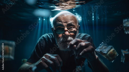 Old man playing and exploring underwater