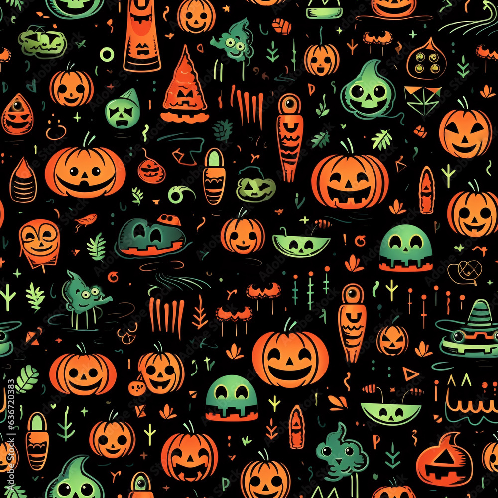 Seamless spooky Halloween pattern. Pumpkin and ghosts, dark color. illustration. Textile design.
