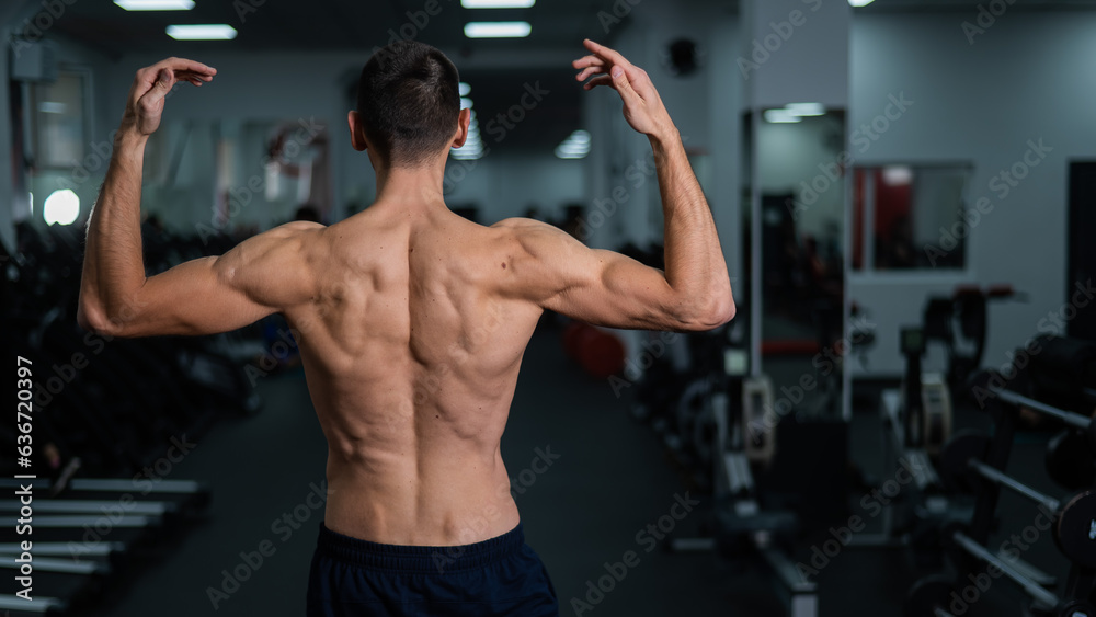 Back view of shirtless man with sculpted body in gym. Back view of shirtless man with sculpted body in gym.