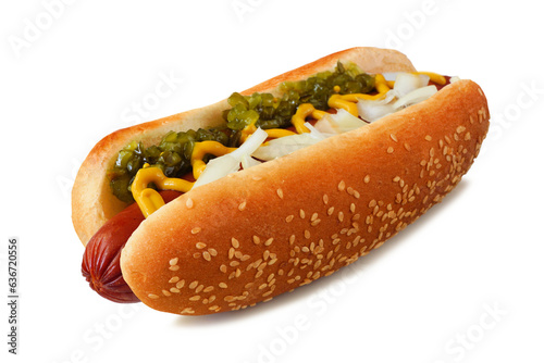 Hot dog with relish, mustard and onions in a sesame seed bun. Side view isolated on a white background.