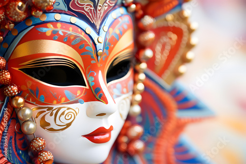 A close up of a colorful carnival mask