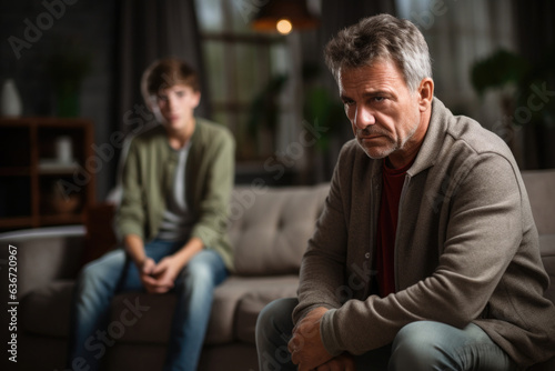 Relationship between father and child. Difficult conversation with teenager. Serious dad and sad son sitting on sofa and talking. Family problems photo